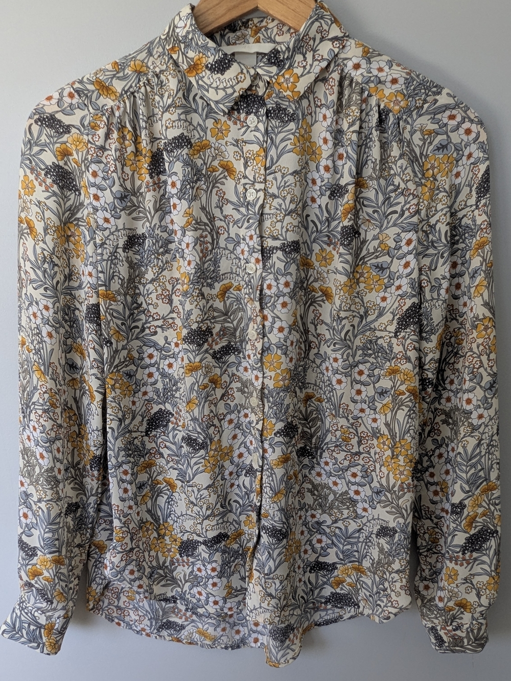 H&M Women's Floral Button-Up Shirt - Cream with Yellow & Gray Floral Print
